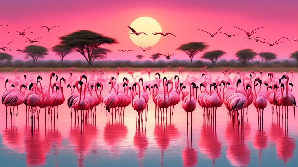Vibrant gathering of lesser flamingos standing in the shallow waters of a serene African lake at sunset, showcasing their unique pink plumage and graceful demeanor, with a picturesque savannah backdrop.