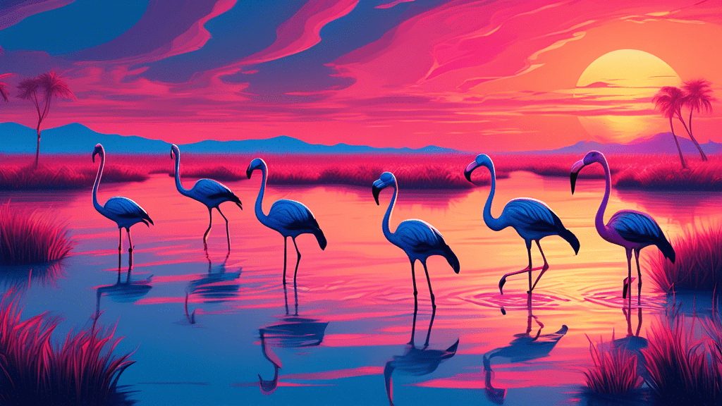 Illustration of a group of lesser flamingos majestically wading through a serene, shallow blue lake during a vibrant sunset, with a backdrop of the African savannah.