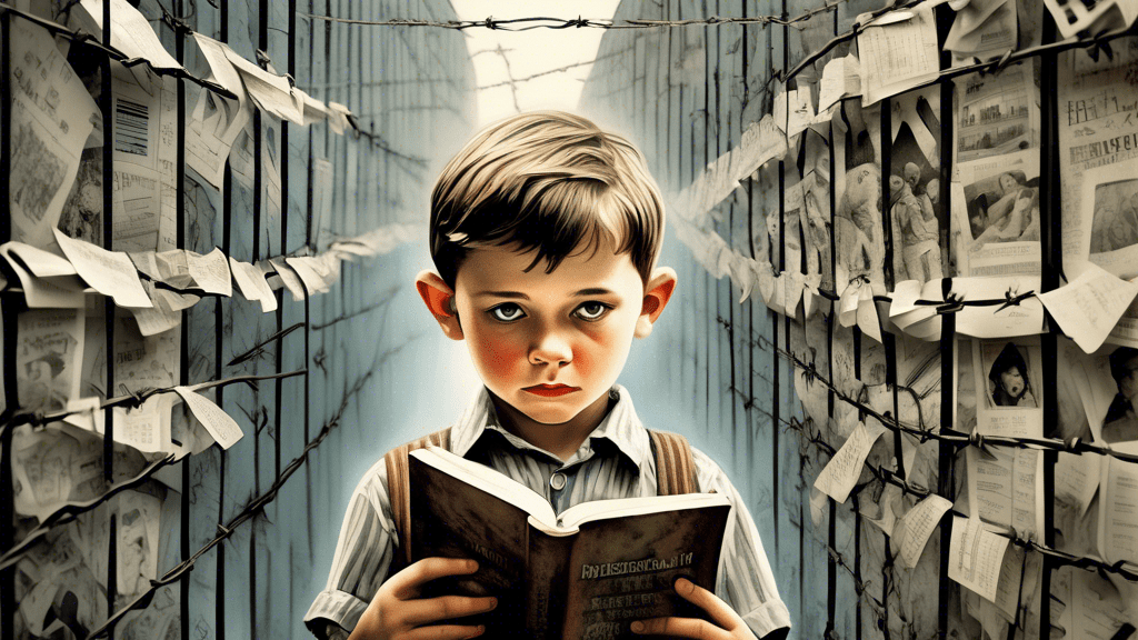 An illustrative juxtaposition of key historical elements and fictional narrative themes from 'The Boy in the Striped Pajamas', showcasing a young boy peering through a barbed wire fence at a concentration camp with a ghostly overlay of book pages and film reels, symbolizing the blend of fact and fiction.