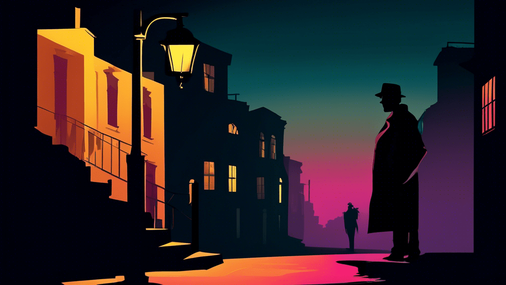 A shadowy silhouette of a man standing at the crossroads of an old city at twilight, with half of his face illuminated by a street lamp and the other half lost in darkness, symbolizing his transformation from an ordinary life to that of a gangster legend.