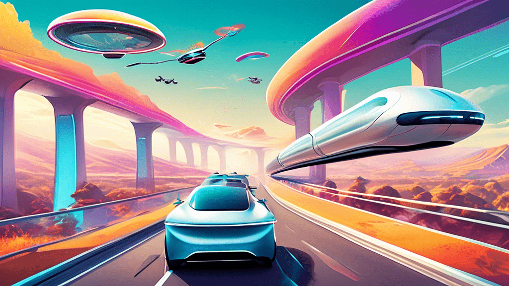 An imaginative landscape with electric, autonomous vehicles cruising on smart highways, hyperloop trains zooming in the background, and drones flying overhead, all illustrating the innovative future of travel.
