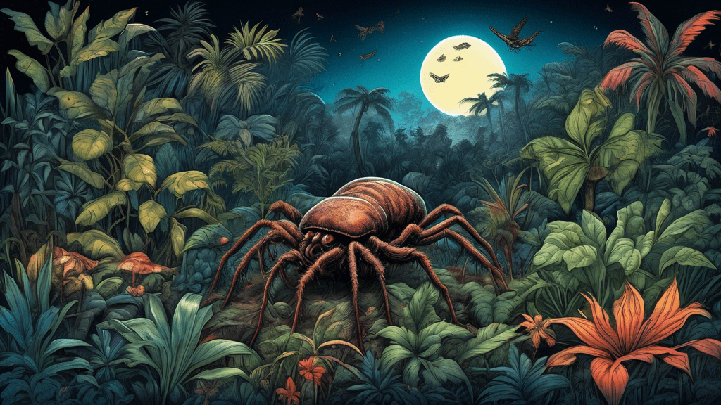 Vividly detailed illustration of various giant arachnids, including the Goliath Birdeater, wandering in their natural habitats, surrounded by lush, exotic plants under a moonlit sky.