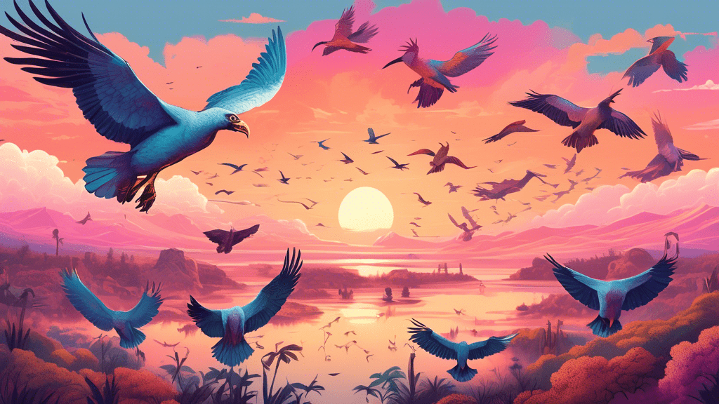 Illustration of an immense, majestic landscape with various giant birds from around the world peacefully cohabiting, showcasing their massive wingspans and diverse appearances, under a pastel-colored sunset sky.