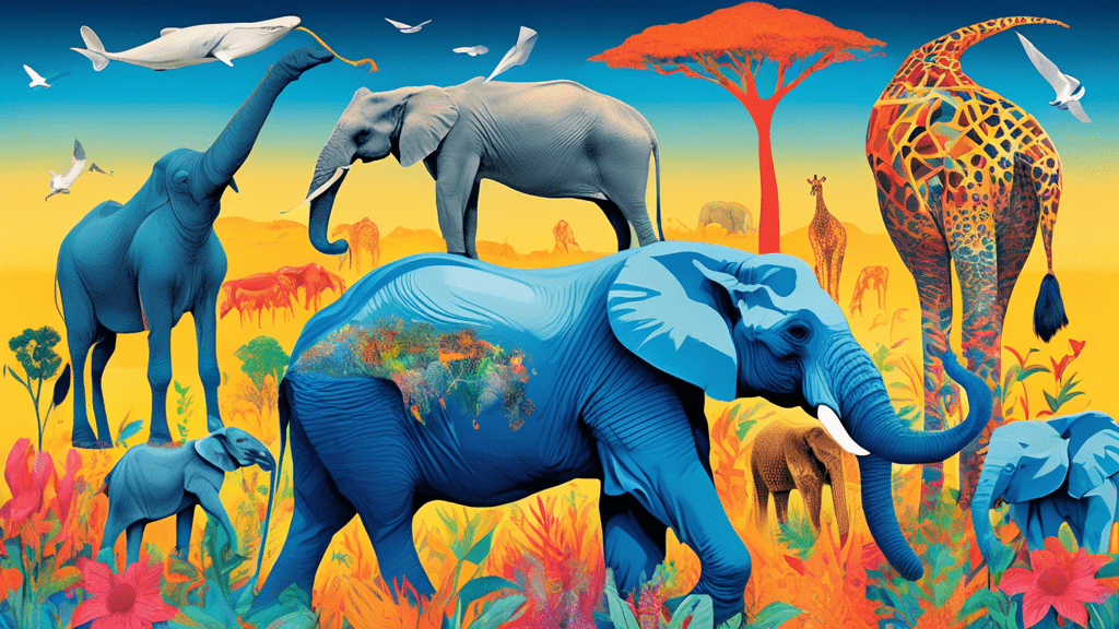 A majestic collage showcasing the world's largest animals, including the blue whale, African elephant, and giraffe, harmoniously inhabiting a vibrant, expansive ecosystem.