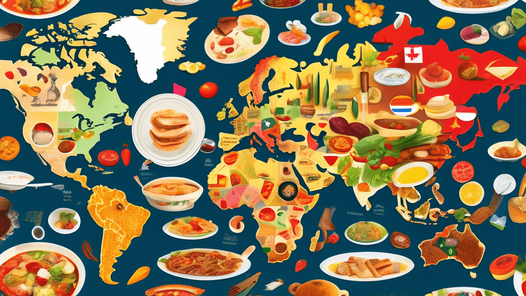 A vibrant montage of famous dishes from different countries creatively combined into a single, harmonious global map, illustrating a culinary journey around the world.