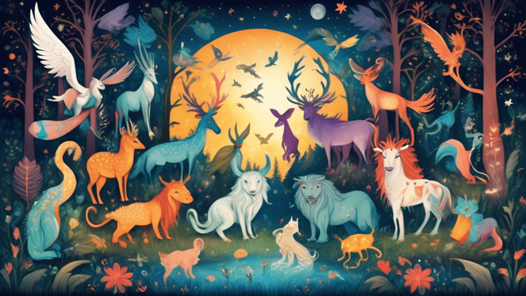 Create a stunning, whimsical scene showcasing a group of diverse mythical creatures from different cultures around the world, gathered together in a mystical, enchanted forest clearing, under a starlit sky.