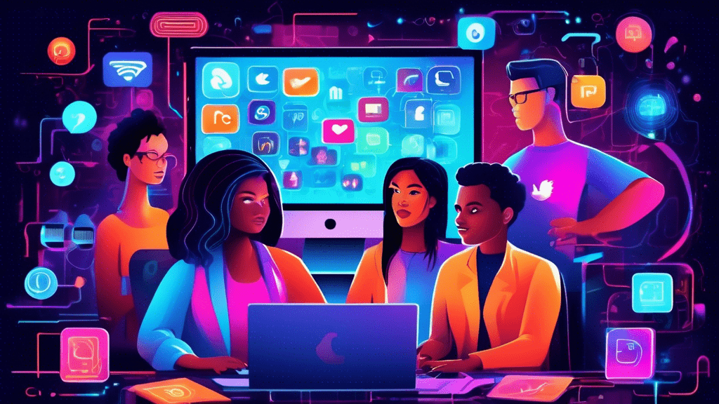 Illustration of a diverse group of people working together at a digital control panel, monitoring and managing a colorful stream of social media icons and messages, with a focus on promoting positive interaction and removing harmful content, in a futuristic cyber setting.