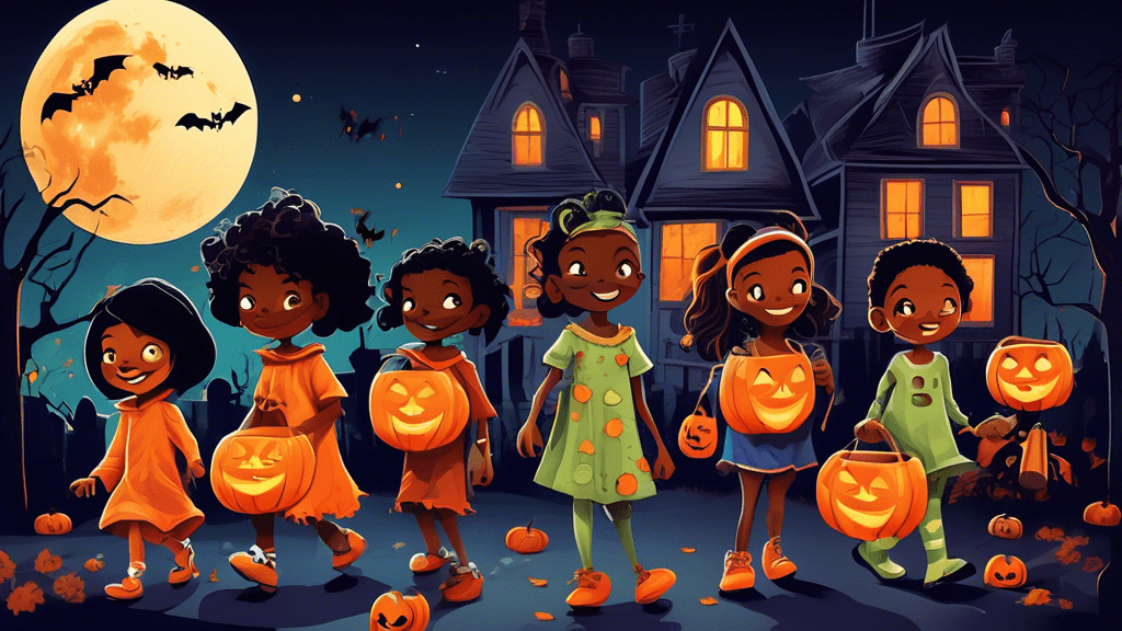 Whimsical illustration of a diverse group of children wearing creative Halloween costumes while trick-or-treating in a vibrant neighborhood, with jack-o'-lanterns lining the sidewalks and a backdrop of haunted houses under a full moon night sky.