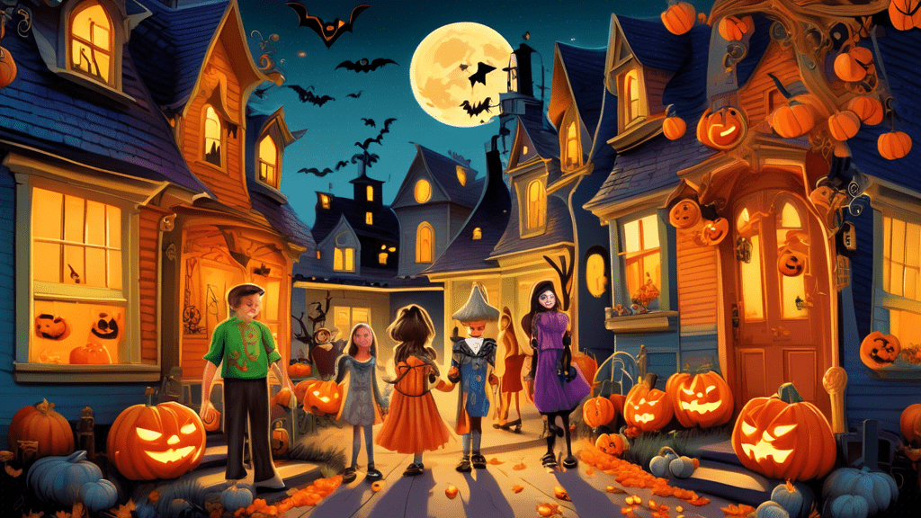 A vibrant, bustling street scene at dusk during Halloween with families and friends dressed in various traditional and imaginative costumes, jack-o'-lanterns glowing on doorsteps, and homes decorated with spooky ornaments, under a full moon.