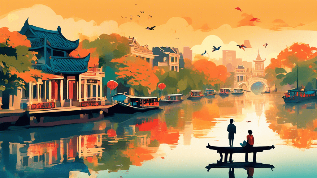 Create an enchanting illustration of a solo traveler gazing at the serene Hoan Kiem Lake in Hanoi at sunset, surrounded by vibrant street life and historical architecture, capturing the essence of Hanoi as the top solo travel destination of the year.