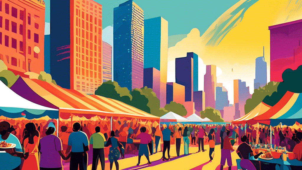 Vibrant illustration of diverse crowds enjoying outdoor performances and food stalls at a sunlit Houston festival with the city skyline in the background.