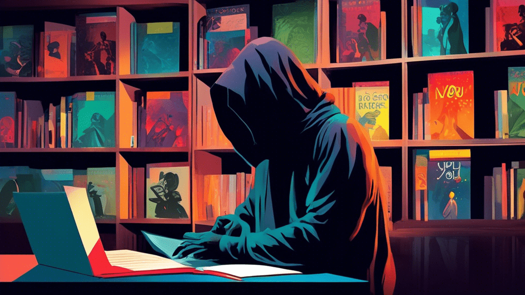 A mysterious figure shrouded in shadow, secretly typing a message on their phone to Joe, with the iconic 'You' series book covers visible in the background.