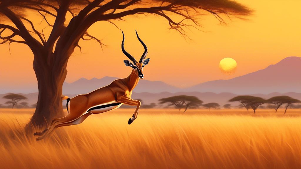 A majestic impala gracefully leaping in the golden savannah at sunset with Acacia trees in the background.