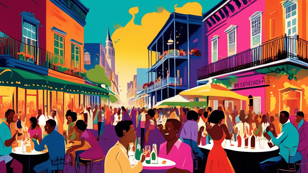 A vibrant, bustling street scene in New Orleans with groups of people joyfully tasting various wines and gourmet foods at elegantly decorated outdoor booths, under a backdrop of colorful, historic buildings and live jazz music in the air.