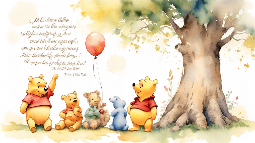 A whimsical watercolor scene of Winnie the Pooh and friends sitting together under a large, friendly tree on a sunny day, each holding a balloon with an inspiring quote floating above them in elegant script.