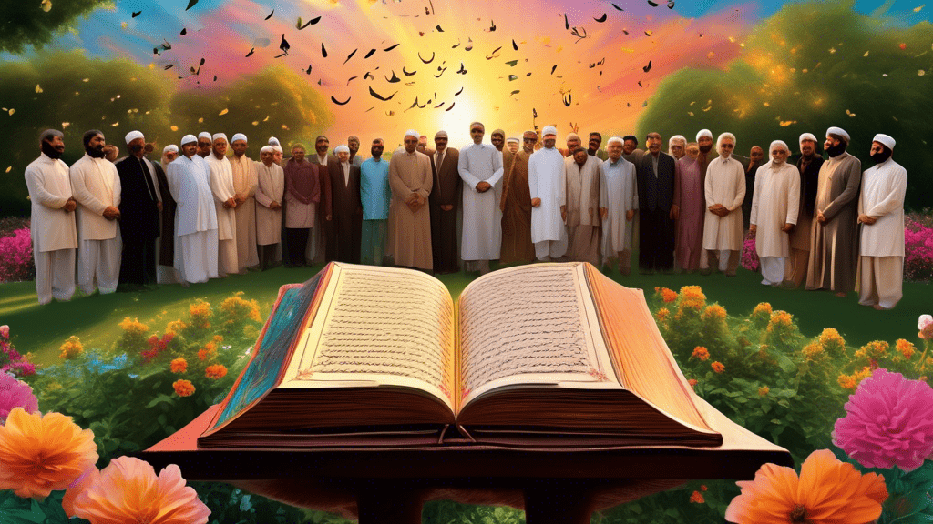 A vibrant and inspiring digital artwork of a majestic book open on a pedestal with verses in Urdu calligraphy floating upwards, surrounded by a diverse group of people from different generations gathered in a lush garden, all looking towards a serene, translucent image of Allama Iqbal in the sky, expressing admiration and inspiration, under the warm glow of a rising sun symbolizing hope and enlightenment, with the majestic Badshahi Mosque of Lahore in the background, embodying the cultural heritage of Pakistan.