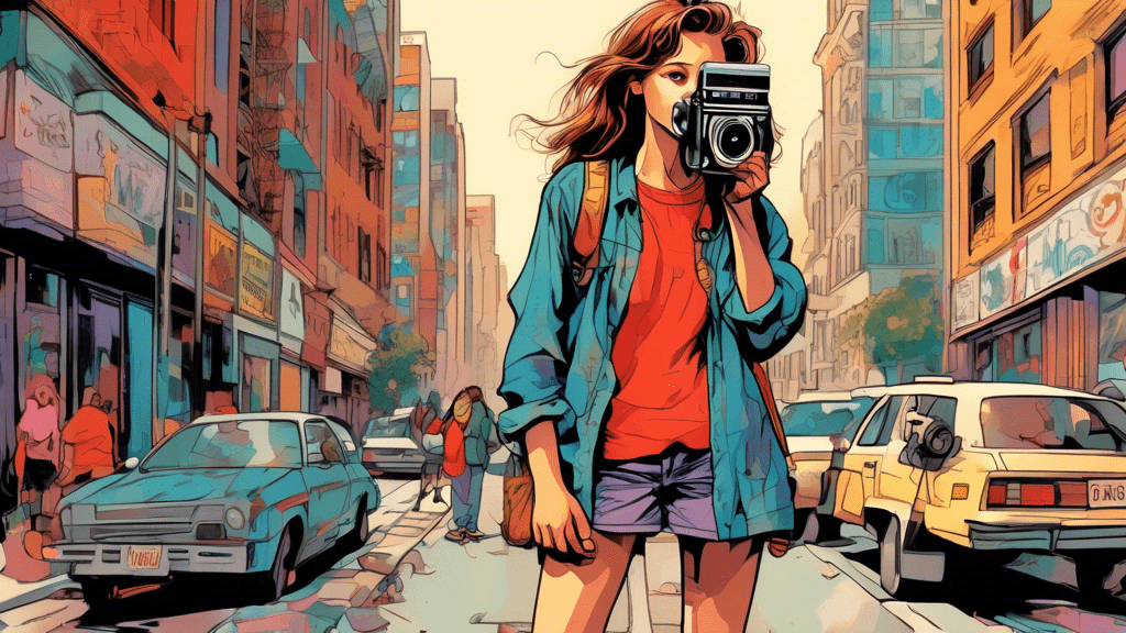 An artistically illustrated teenage girl from the 1990s, standing with a vintage camcorder, capturing moments on a bustling city street, with elements suggesting a blend of fiction and reality enveloping her.