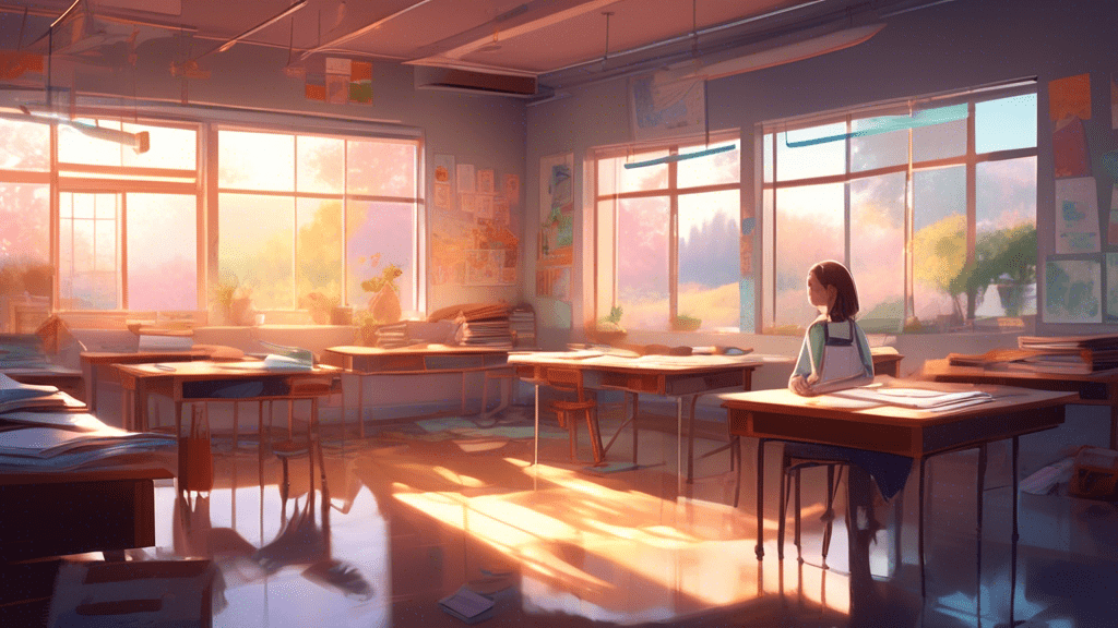 An artistic depiction of a serene and introspective classroom setting, symbolizing themes from 'A Silent Voice', with soft light filtering through the windows, highlighting a mix of real-life inspired and fictional elements, including a detailed sketchbook, softly glowing with an aura that suggests a bridge between reality and animation.