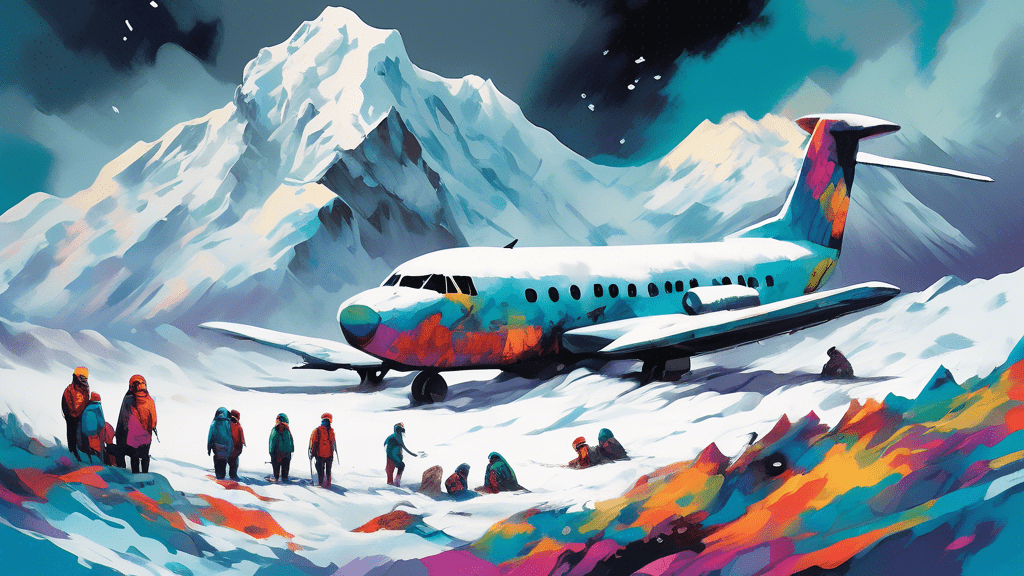 Dramatic reimagining of survivors huddling together in snow-covered Andes mountains, with ghostly images of a crashed airplane in the background, under a sky transitioning from stormy to clear to symbolize hope and endurance.