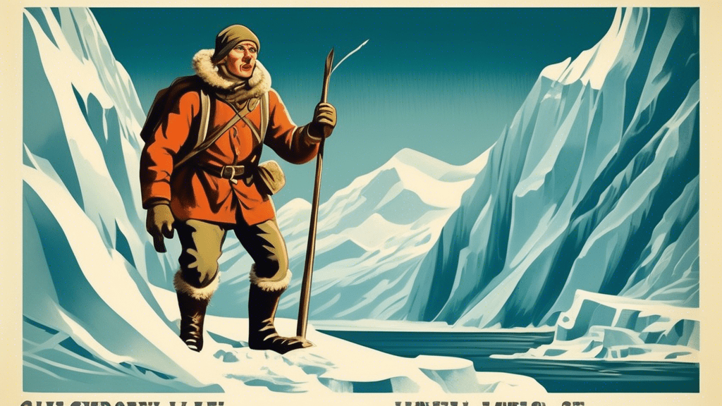 A vintage cinematic poster illustration depicting a brave explorer surviving against the harsh, icy backdrop of the Arctic, with hidden clues and elements weaving in true historical events related to Arctic exploration.