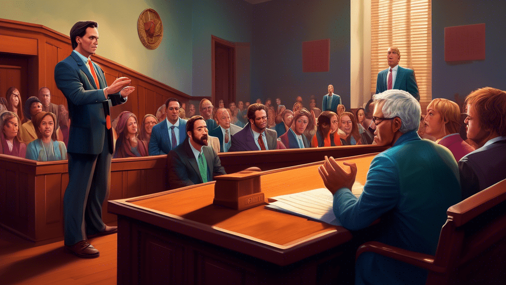 A realistic courtroom scene with a dramatic debate over faith, inspired by the conceptual themes of 'God's Not Dead', blending elements of fact and fiction.