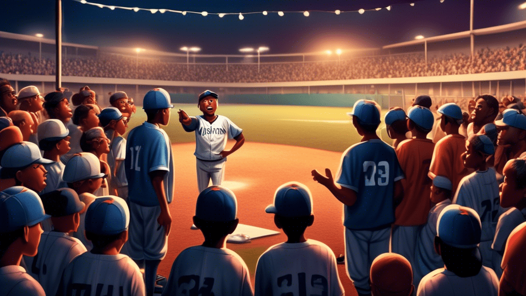 An emotionally charged baseball game under the floodlights, with a diverse team of young players looking inspired, as an empathetic coach gives a motivational speech in the foreground, capturing the essence of the movie 'Hardball', all in a realistic style.