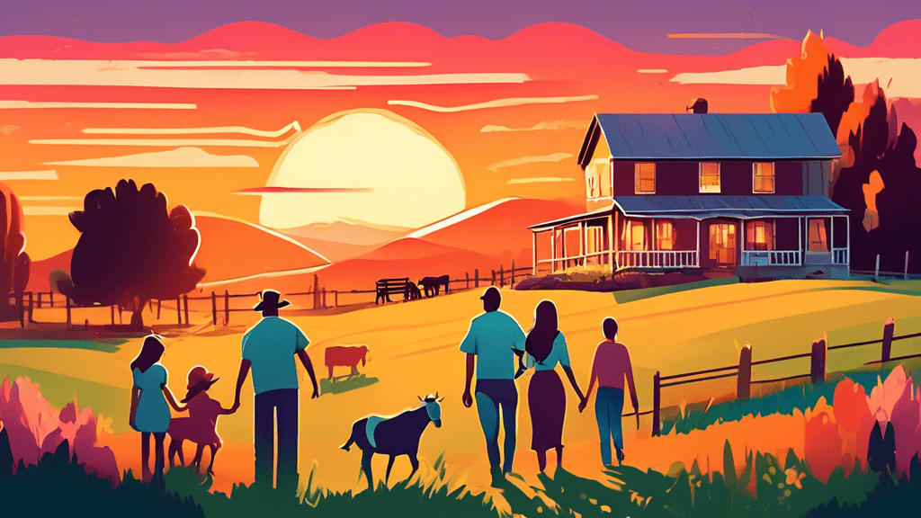 Create an illustrative image of a picturesque ranch at sunset with a family happily gathered, overlay text asking 'Is Heartland Based on Real Events?'