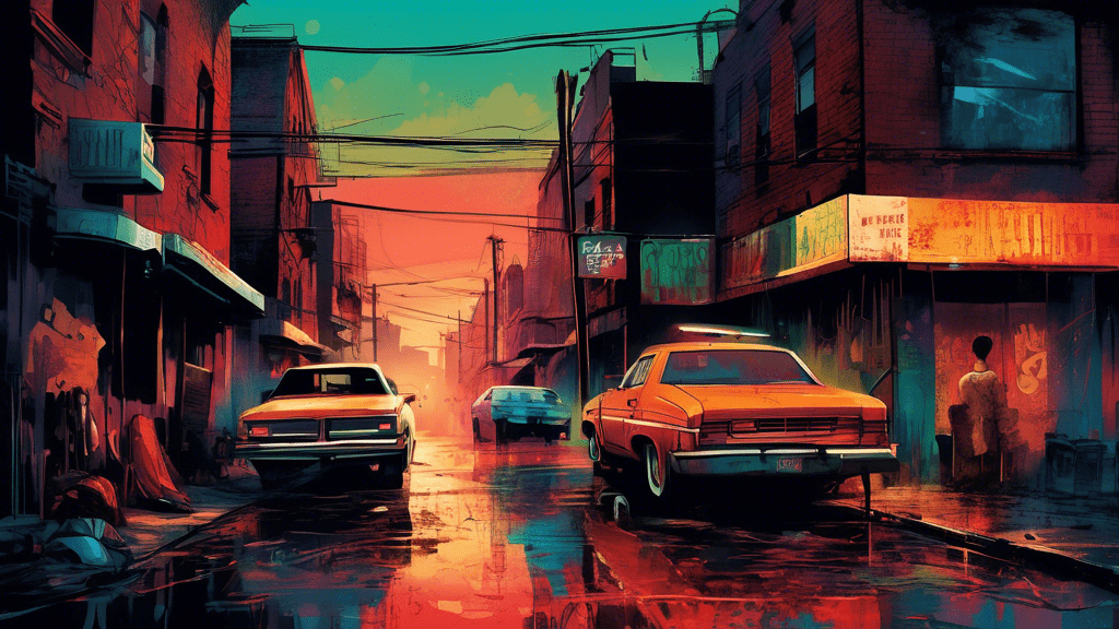 An atmospheric street scene illustrating a gritty, inspired urban environment reminiscent of the movie 'Hustle and Flow', blending reality and fiction.