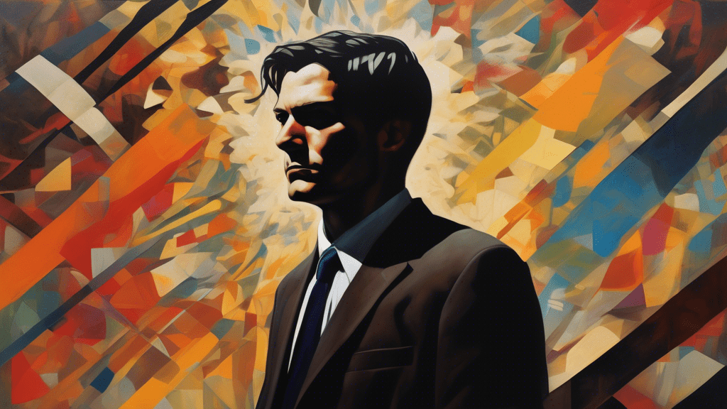 Portrait of an intense, fictional character named Kurt Kunkle juxtaposed with a shadowy figure representing the concept of inspiration from real life, all encapsulated within a mysterious, abstract background hinting at the blending of truth and fiction.