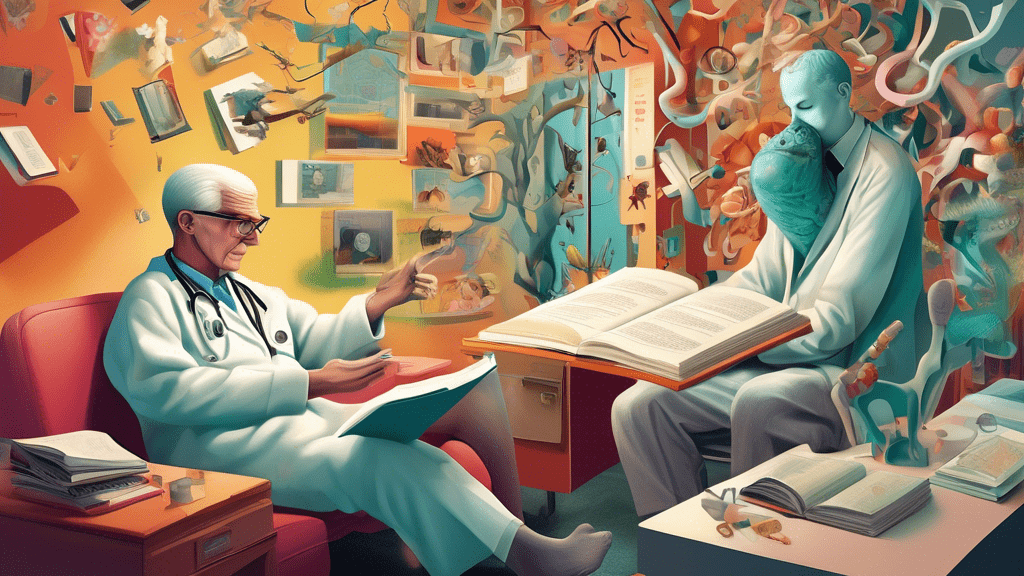A digital illustration of an open book revealing a split scene: on one side, a realistic depiction of a patient consulting with a doctor in a modern office, and on the other side, an artistically exaggerated portrayal of the same scene but filled with whimsical and surreal elements, symbolizing the blending of fact and fiction.