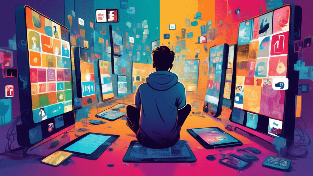 An artistic representation of a thought-provoking scene showing a modern, digital-era storyteller surrounded by screens displaying various social media platforms, each screen hinting at a narrative blending reality with fiction, to evoke curiosity about the inspiration behind 'Spree'.