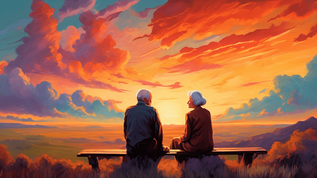 An evocative painting of an elderly couple sharing stories of their epic adventures and the trials of their undying love under a sky painted with the hues of a setting sun, suggesting the timeless and deeply personal narrative of 'The Longest Ride', bordered by the question: Inspired by true events?