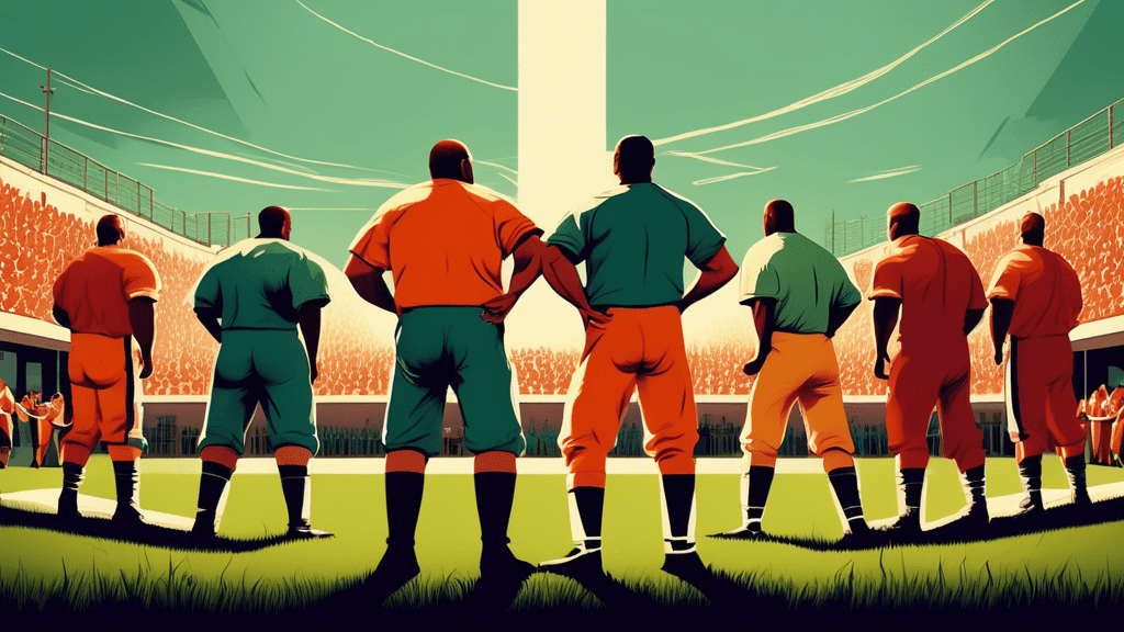 A dramatic showdown on a prison football field, illustrating a moment of tension and camaraderie inspired by real-life events, in the style of a classic sports movie poster.