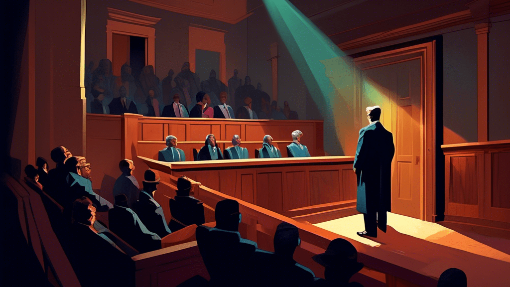 A haunting courtroom with dramatic lighting, featuring shadows of a man in despair and glimpses of evidence that hints at a complex mystery, all under the watchful eyes of an ancient jury box, framed by the theme of truth and fiction merging at the edges.