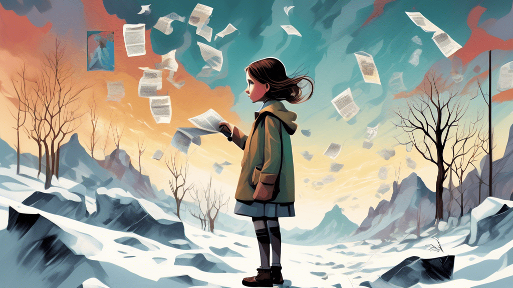 A mystifying yet captivating illustration of a young girl standing amidst a snowy landscape, holding a detective's magnifying glass as she looks intently towards the horizon, with shadowy figures and newspaper clippings fluttering in the chilling wind around her, embodying the quest for truth between fiction and reality.