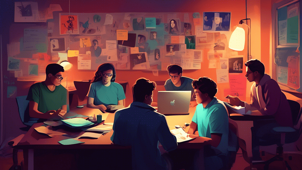 An artistic portrayal of a dimly lit brainstorming session in a Harvard dorm room, capturing the early days of Facebook's conception, with a blend of fact and fiction elements inspired by 'The Social Network' movie.