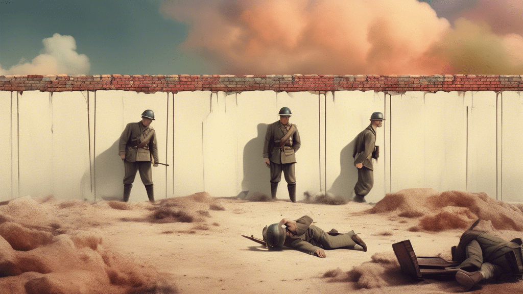 An artistic depiction of scenes from 'The Wall' movie seamlessly blended with historical photographs, illustrating the connection between fiction and reality.