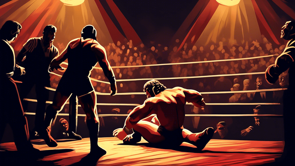 Digital artwork of a vintage wrestling match scene, capturing the dramatic emotions of a wrestler reminiscent of 'The Wrestler' movie, under an old-fashioned spotlight in a crowded, shadowy arena.