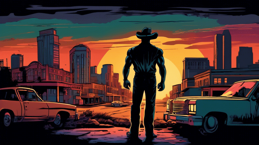 An illustrated scene of a gritty, vintage Tulsa cityscape at dusk, with a shadowy figure resembling Sylvester Stallone standing in the foreground, evoking a blend of fiction and reality, inspired by 'Tulsa King' themes.