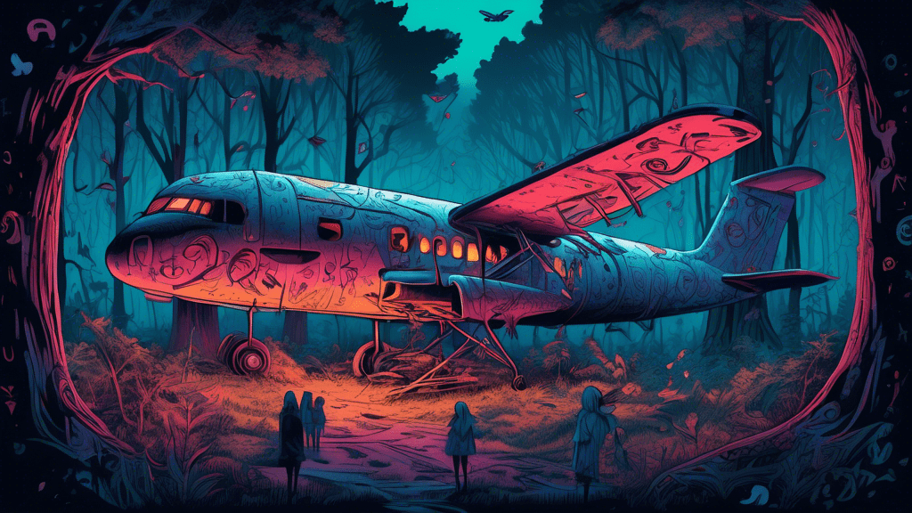 An eerie, abandoned airplane in a dense, mystical forest at dusk, with shadowy figures resembling teenage girls in the distance, surrounded by mysterious symbols etched into the trees.