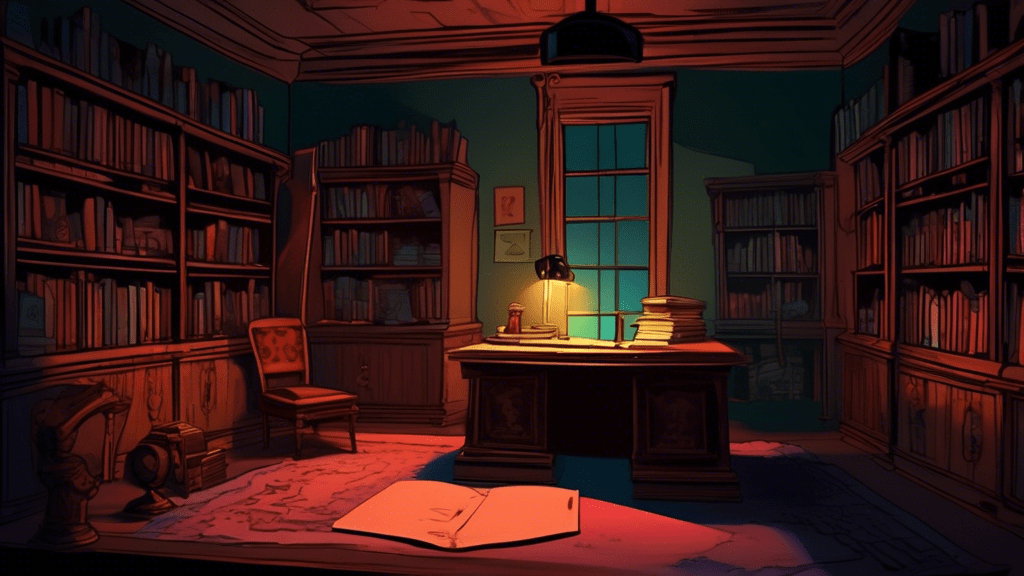 A mysterious and dimly lit library with a single antique desk, upon which sits an open, vintage journal filled with detailed notes and photographs, casting shadows that hint at unsettling secrets, suggesting a connection between real-life events and the plot of the thrilling TV show 'You'.