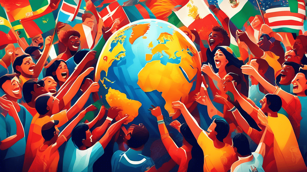 A vibrant, detailed illustration of a diverse group of fans from various countries and cultures gathered around a giant, glowing globe, passionately cheering and waving flags representing their nations at a FIFA World Cup event.