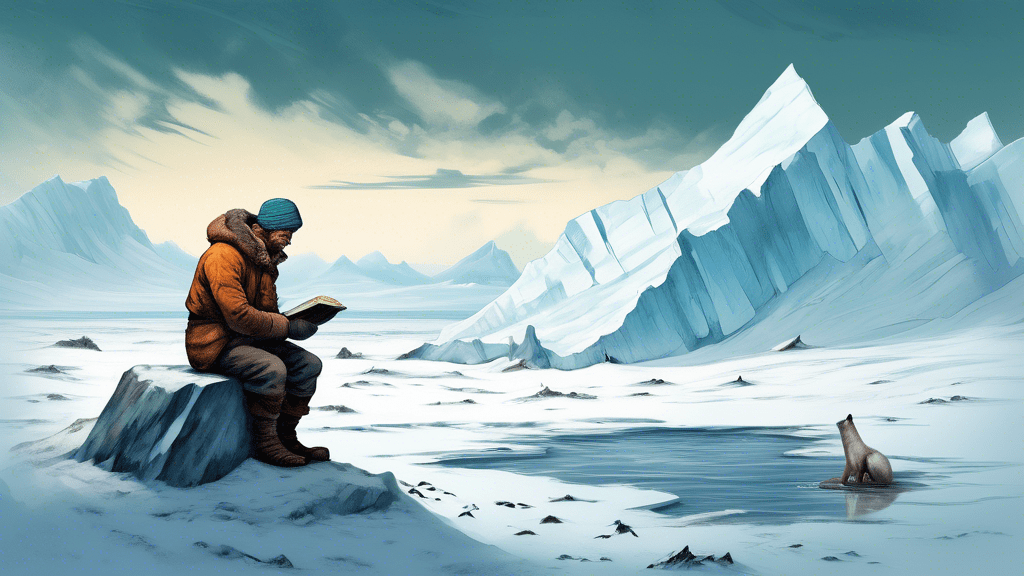 Dramatic depiction of a lone survivor in the vast snowy landscape of the Arctic, inspired by the themes of the movie 'Arctic', with a vintage explorer's diary hinting at true historical events in the foreground.