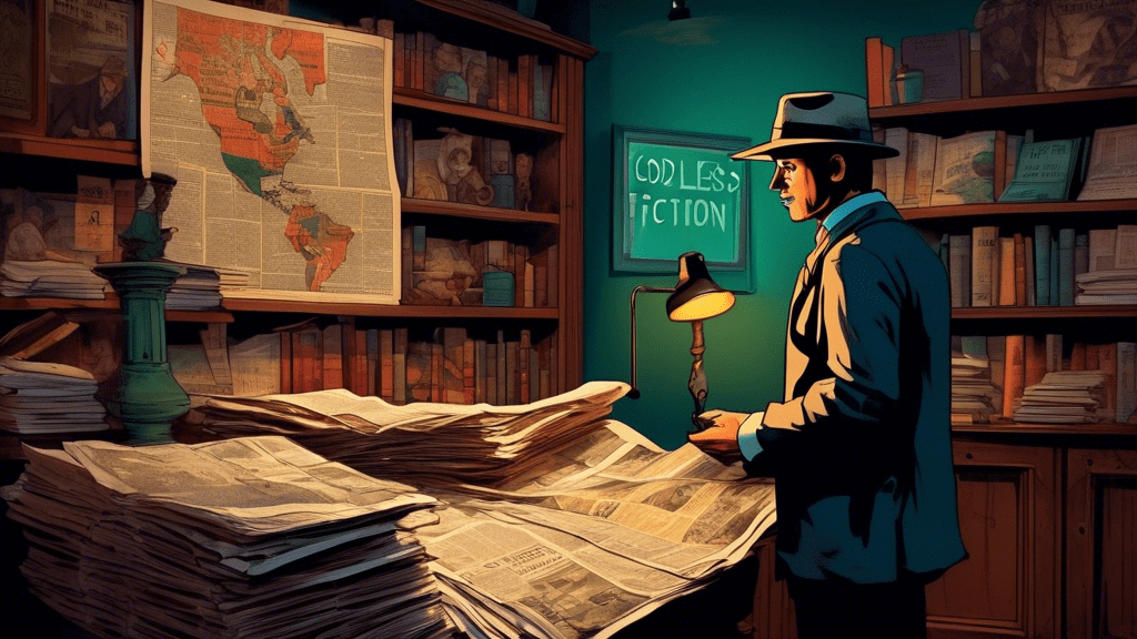 A dimly lit vintage study room filled with historical books and a large world map on the wall, while a detective wearing a fedora examines a stack of old newspapers with the headline 'Godless: Truth or Fiction?'