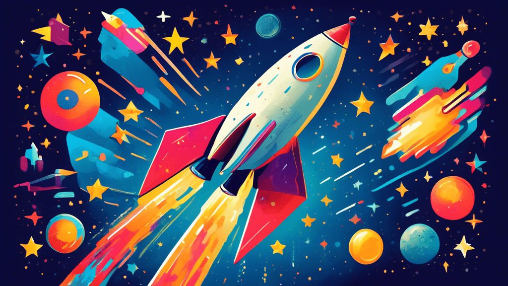 An imaginative and vibrant illustration of a rocket ship shaped like a giant key blasting off into a starry sky, surrounded by smaller keys, symbolizing the launching of a successful startup.