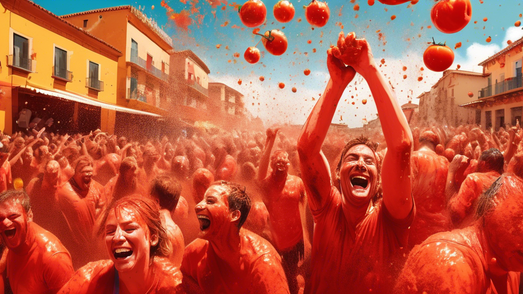 A vibrant and exhilarating scene of smiling people drenched in tomato pulp, participating in the La Tomatina festival, throwing tomatoes at each other under the sunny Spanish sky, with the historic town of Buñol in the background.