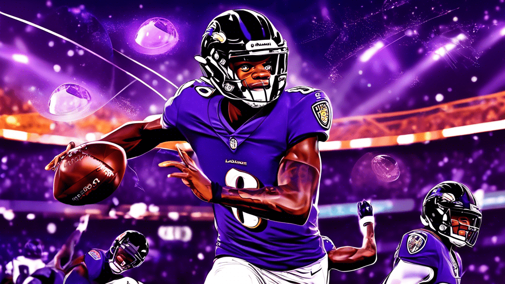 Lamar Jackson, in full Baltimore Ravens gear, executing a dynamic touchdown pass under stadium lights, with a montage of his career highlights in the background and a glowing crystal ball forecasting his bright future.