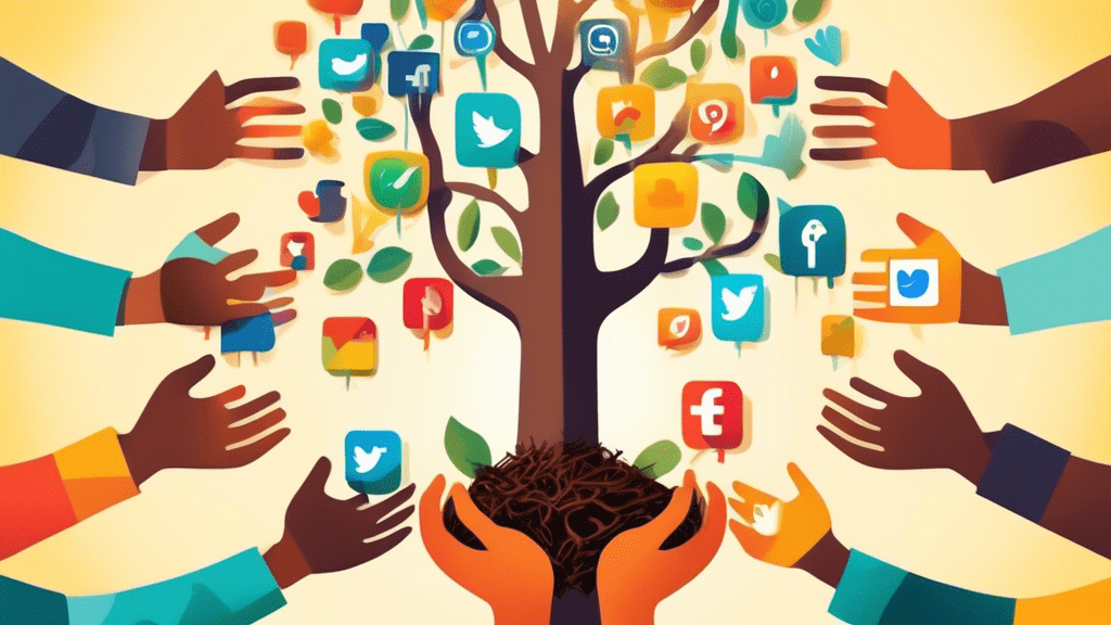 An illustration of diverse hands planting a tree that grows digital icons representing different social media platforms, symbolizing the connection between global sustainability efforts and social media, under a bright, digitally-inspired sun.