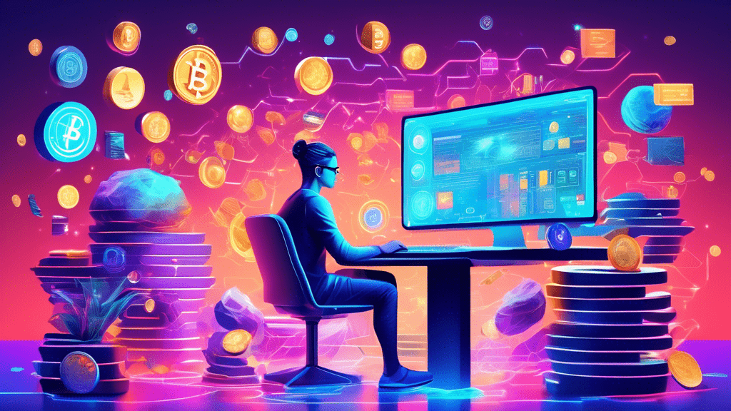 Digital illustration of a person sitting at a futuristic, holographic computer desk, surrounded by floating icons representing different online income streams such as blogging, e-commerce, cryptocurrency, and freelancing, with stacks of virtual coins and bills accumulating in the background, symbolizing wealth growth in 2024.