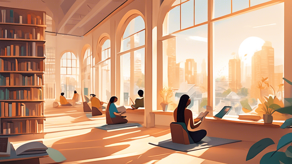 Create an illustration of a serene, peaceful library with open windows letting in sunshine, where a diverse group of people are engrossed in reading books, practicing meditation, and writing in journals. Outside the windows, there's a bustling cityscape with people glued to their devices, illustrating the contrast between the tranquil, digital-detox environment inside and the hyperconnected world outside.